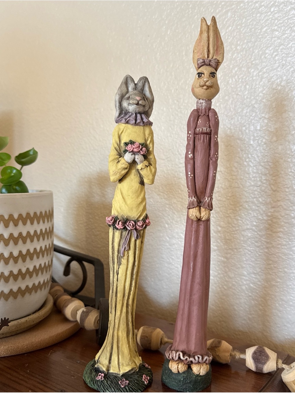 Lot of 2 Bunny Rabbit Figurines Tall Easter Spring Decor Resin Figures 11-13”